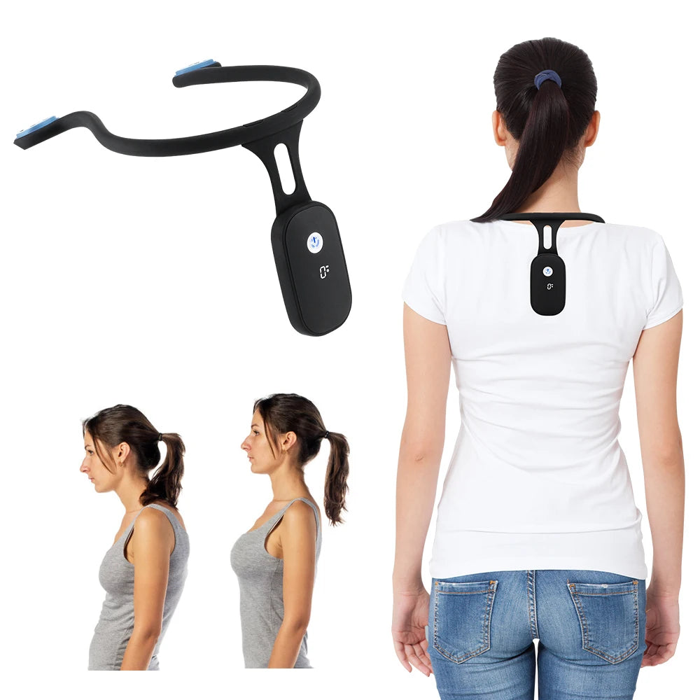 Postuven Smart Posture Trainer worn on the upper back, with a before-and-after posture comparison